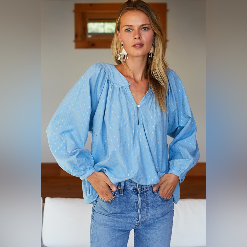 NWT Emerson Fry OLYMPIA SHIRT - POWDER BLUE GOLD DOT LUREX Size Large